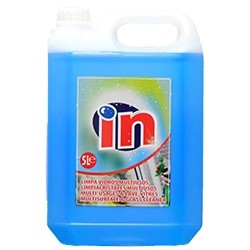 Recipiente azul de 5 litros de limpador multiusos para vidros.