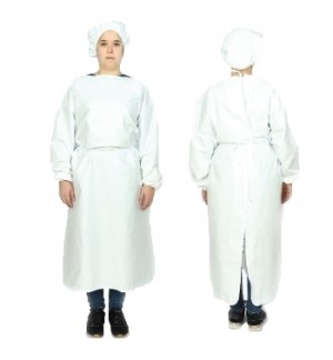Bata de proteção branca com touca vista de frente e costas