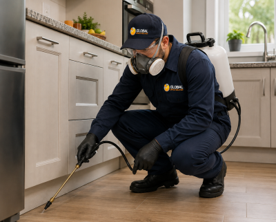 Trabalhador com equipamento de controlo de pragas numa cozinha