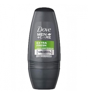 Desodorizante roll-on Dove Men+Care Extra Fresh cinza escuro com rótulo branco e verde
