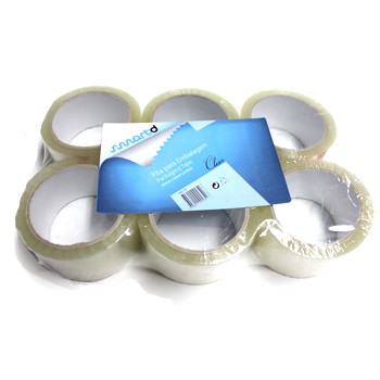 Seis rolos de fita cola transparente Smart num pack com embalagem azul e branca