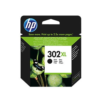 Cartucho de tinta HP 302XL preto em embalagem preta e verde com imagem de cápsulas de plantas