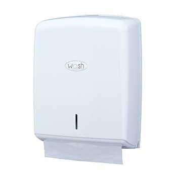 Dispensador branco de papel de toalha com logótipo 'w&sh'