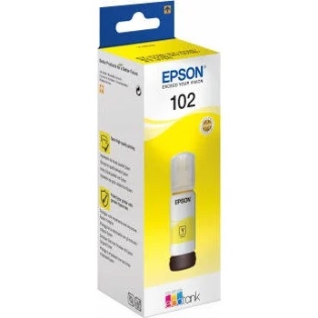 Embalagem de tinteiro Epson 102 amarelo para impressora com texto e design colorido