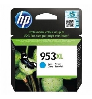 Embalagem de tinteiro HP 953XL na cor ciano com fundo preto e verde e selo holográfico