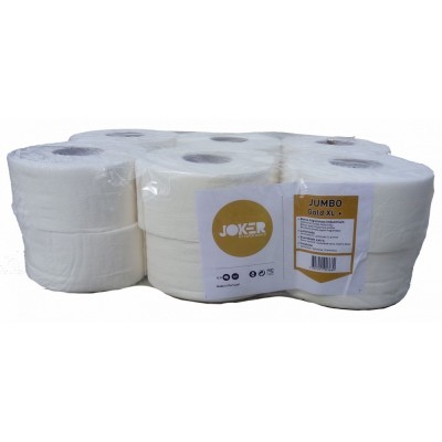 Pack de seis rolos de papel higiénico branco embalados em plástico com etiquetas JOKER e JUMBO Carta XL