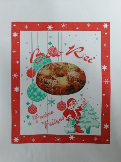 Embalagem festiva de Bolo Rei com decoração natalícia vermelha e verde
