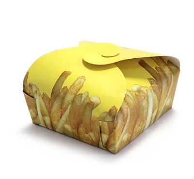 Caixa de papel amarela com estampa de batatas fritas