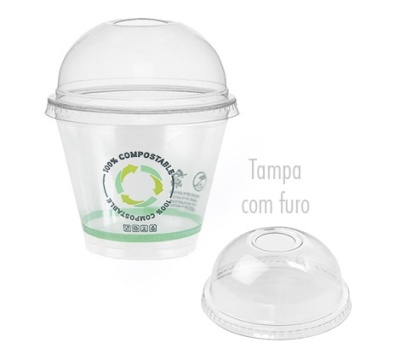 Copo transparente de plástico com tampa cúpula e inscrição compostável