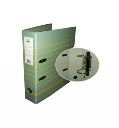 Pasta fichário verde com linhas amarelas e argolas metálicas
