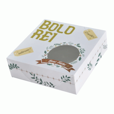 Caixa embalagem para bolo rei branca com janela e decoração de folhas verdes