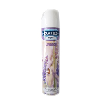 Frasco branco de spray ambientador Campero Lavanda com flores de lavanda