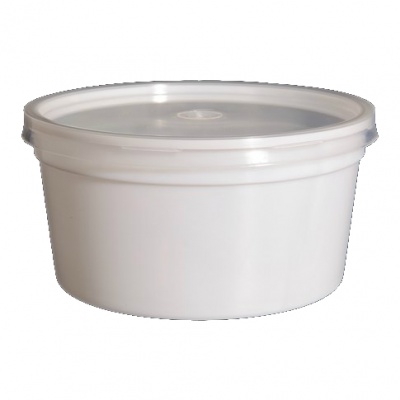 Recipiente redondo de plástico branco com tampa translúcida
