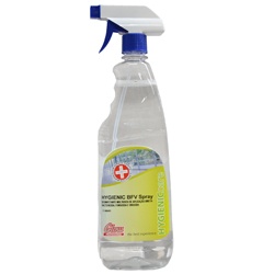 Frasco spray transparente com rótulo verde e branco e gatilho azul
