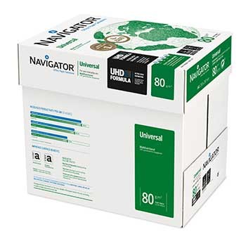 Caixa de papel branco e verde para impressora com texto NAVIGATOR Universal Paper 80 g/m² UHD FORMULA