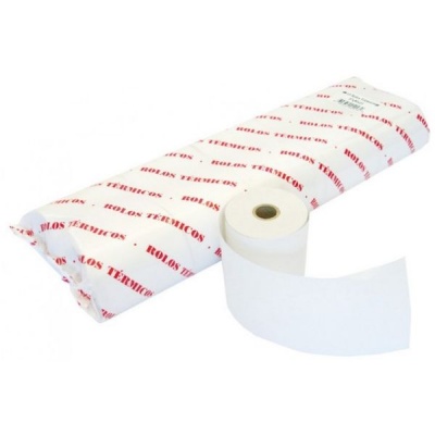Rolo de papel térmico branco com embalagem com texto vermelho