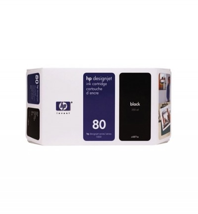Cartucho de tinta HP Designjet 80 preto em embalagem branca e azul