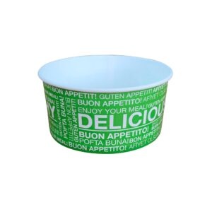 Tigela deslizante verde com textos brancos e interior branco para alimentos