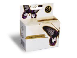 Caixa branca de cartucho de tinta com imagem de borboleta preta e roxa