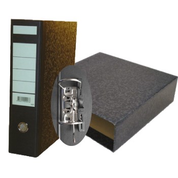 Duas pastas de arquivo em cartolina preta com mecanismo metálico e etiqueta para escrita