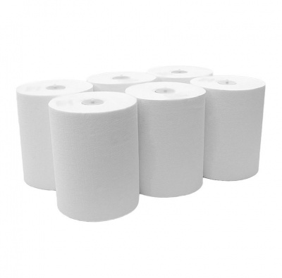 Seis rolos grandes de papel branco, possivelmente papel toalha