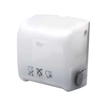 Dispensador branco de parede para papel em plástico com ícones na frente