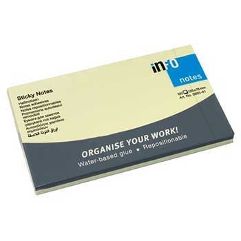 Bloco de notas adesivas Info Notes bege com base cinza e texto impresso