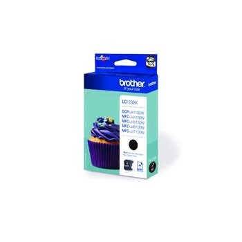 Cartucho de tinta Brother LC123BK preto com embalagem azul e branca e imagem de cupcake