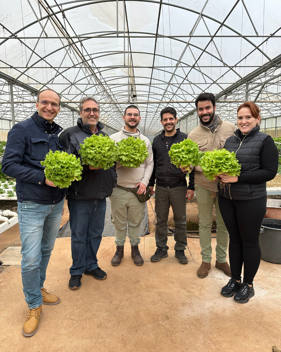 Workshop Hidroponia Teórico-Prático em Estufa - 18 Abril 2026 Seis pessoas em estufa segurando alfaces verdes frescas