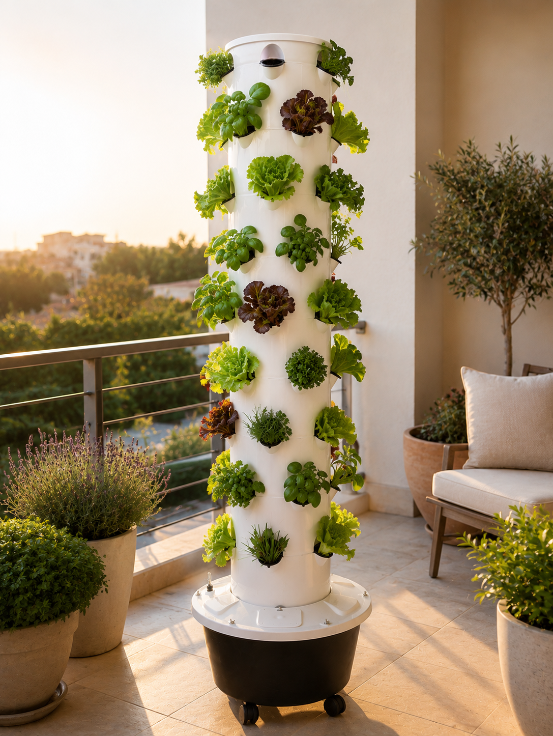 Torre Hidroponia - 60 plantas Torre de cultivo hidropónico branca com plantas em terraço
