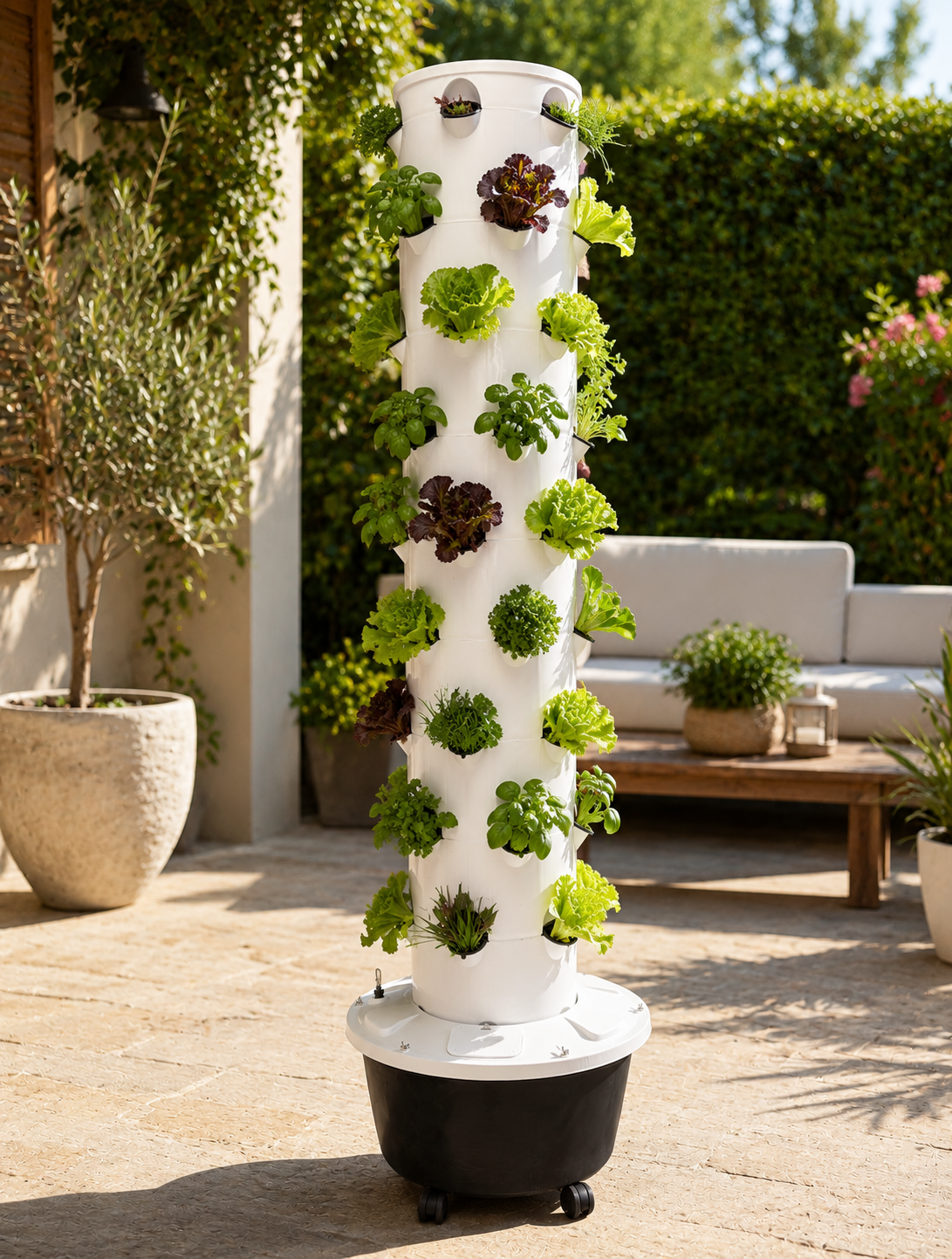 Torre Hidroponia - 60 plantas Torre de cultivo vertical branca com plantas verdes e roxas, numa varanda com mobiliário ao fundo.