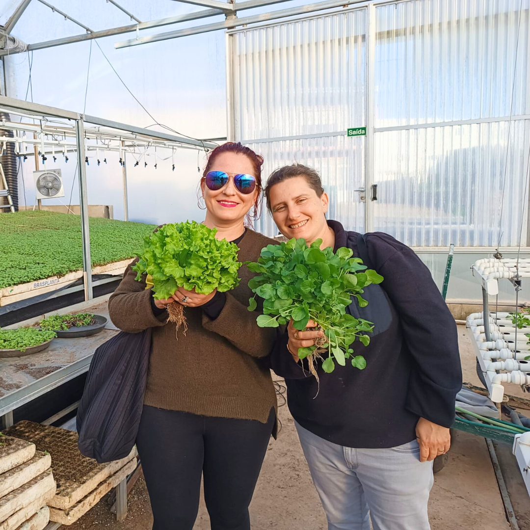 Workshop Hidroponia Teórico-Prático em Estufa - 18 Abril 2026 Duas pessoas segurando plantas verdes frescas em estufa de cultivo