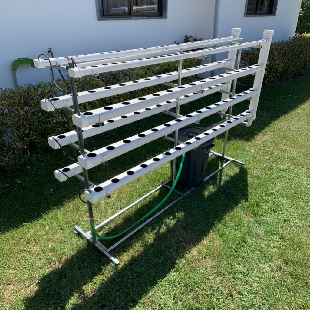Hydro 160 Vertical Móvel Sistema de cultivo hidropónico com tubos de PVC branco e estrutura metálica ao ar livre