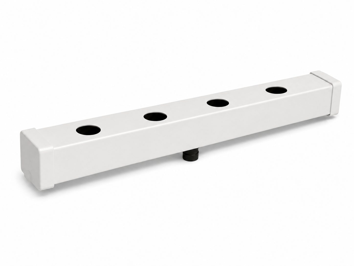 Coletor de Descarga para Perfis de Berçário 49mm Recipiente retangular branco com quatro orifícios circulares no topo e tampas nas extremidades