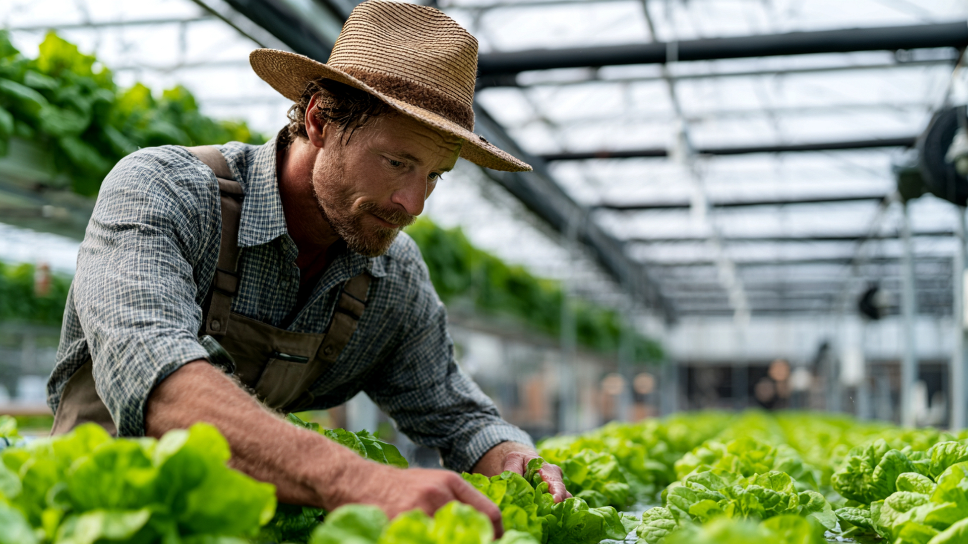 Homem com chapéu de palha e camisa cinza cuida de alfaces numa estufa