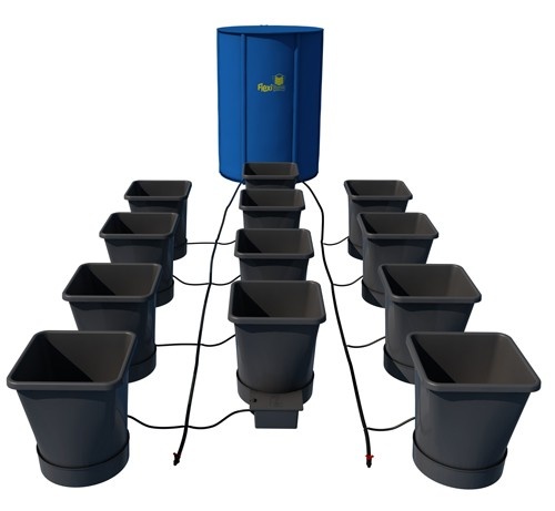 Sistema Autopot 12Pot (15L) + Depósito Sistema de cultivo hidropónico com vasos pretos e unidade azul de irrigação