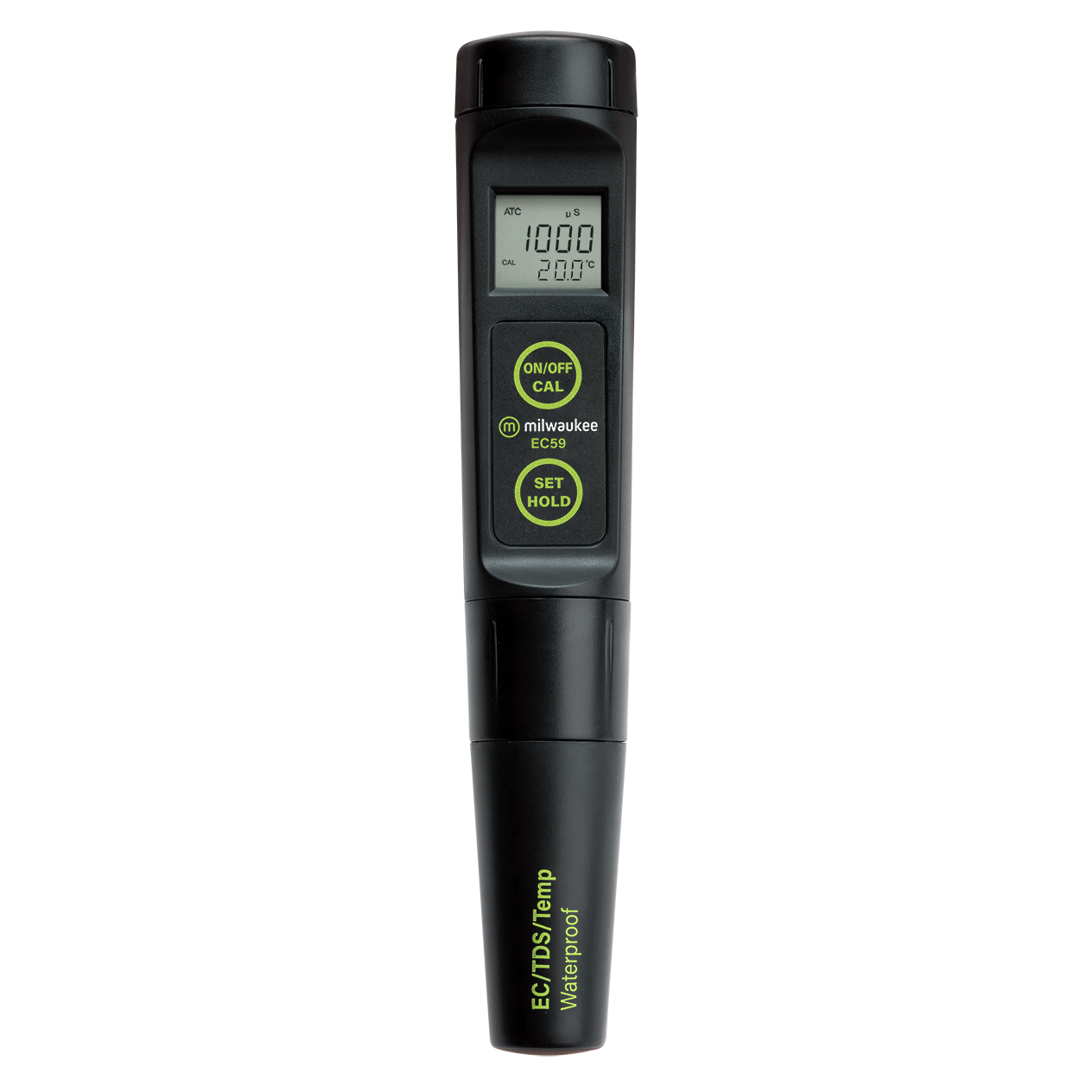 Medidor TDS + Temperatura + Condutividade Elétrica - EC59 Medidor digital portátil Milwaukee EC50 preto com visor LCD e botões verdes