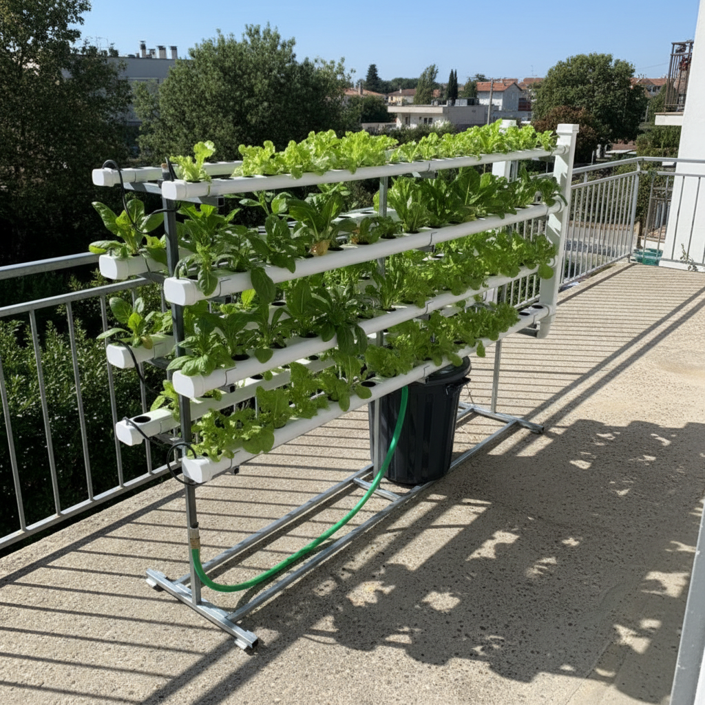 Hydro 160 Vertical Móvel Sistema de cultivo hidropónico vertical com plantas verdes em tubos brancos num terraço ao ar livre