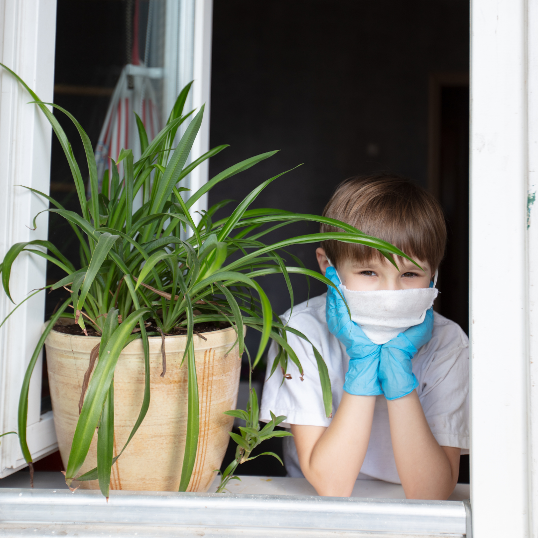 Criança de máscara e luvas junto a vaso de plantas em parapeito de janela