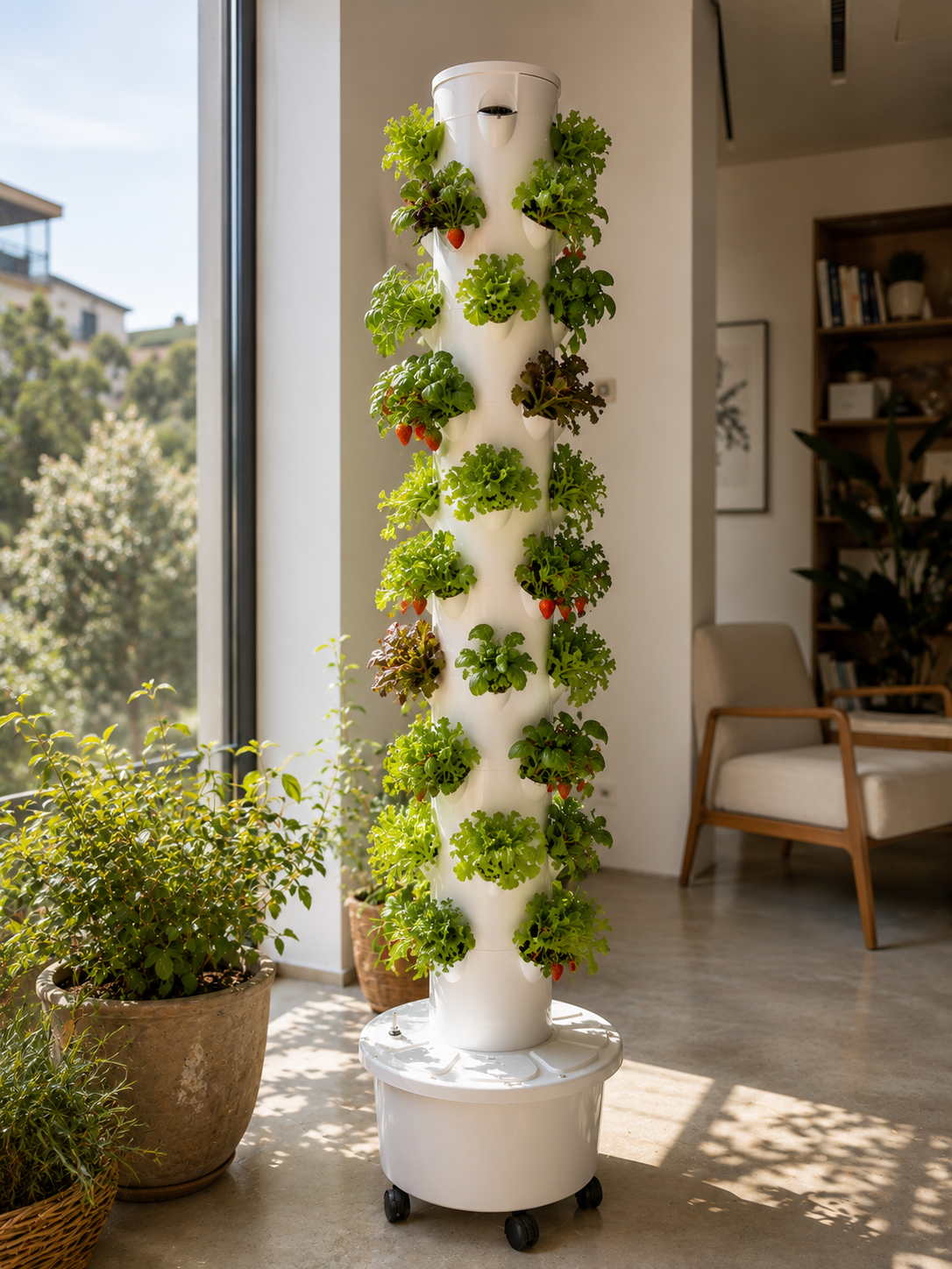 Torre Hidroponia - 40 plantas Torre vertical de cultivo hidropónico com plantas e morangos em ambiente interior