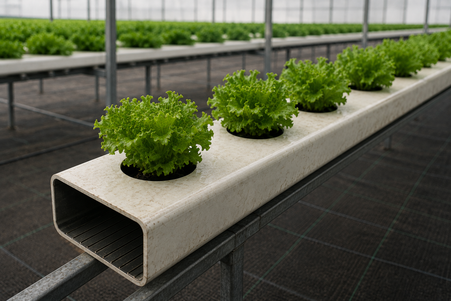 Perfil Hidropónico 80mm Usado — 50cm | 4 Plantas Plantas de alface verdes numa estrutura branca retangular de cultivo hidropónico numa estufa