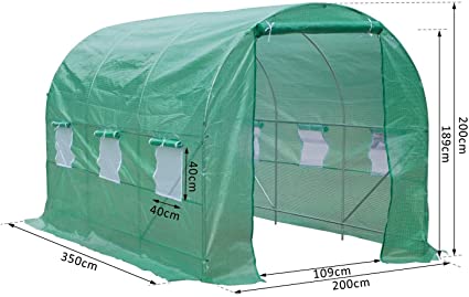 Estufa 350 x 200 x 200 cm Tenda de jardim verde com armação metálica e janelas laterais