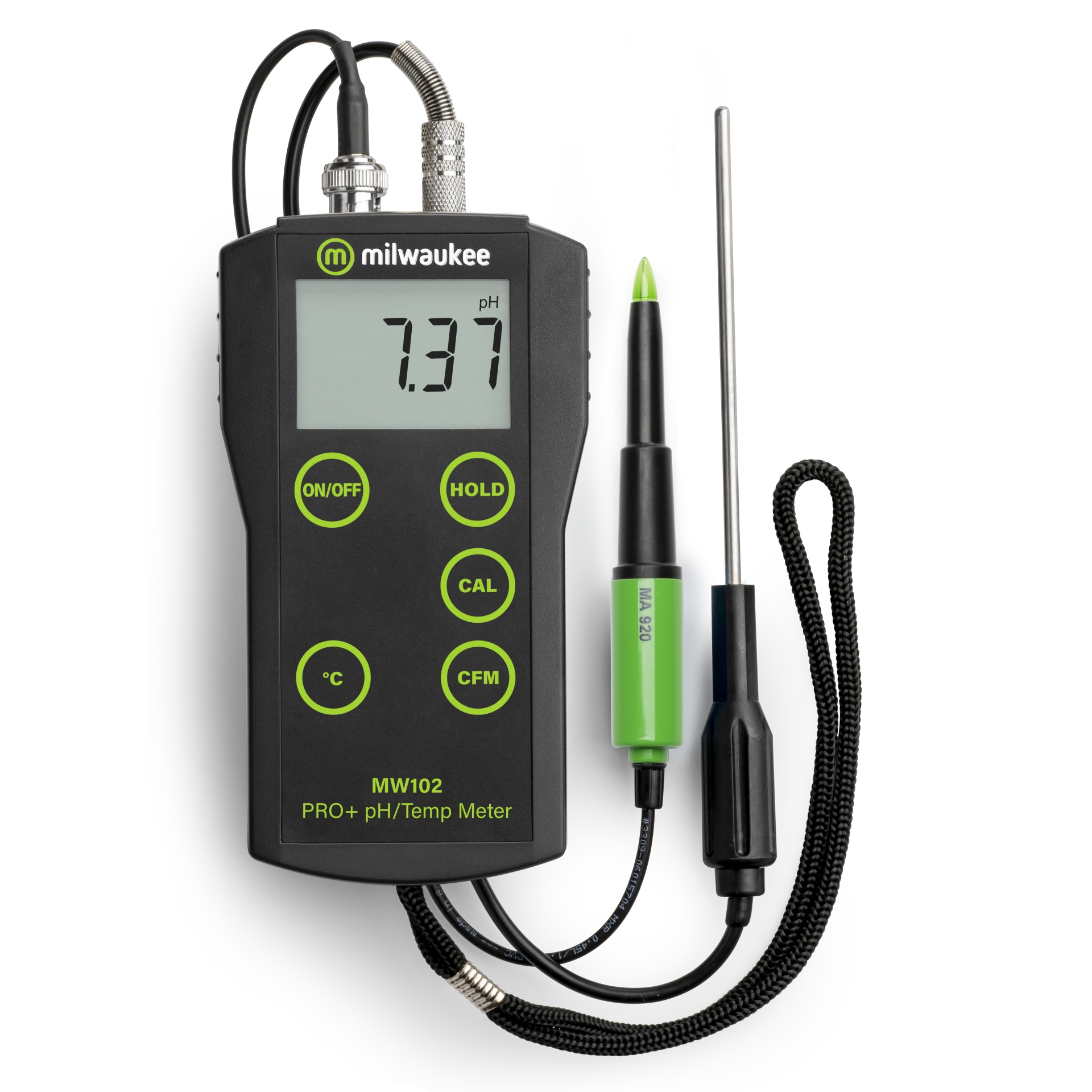 Medidor pH e Temperatura MW102-FOOD PRO+ Medidor digital de pH e temperatura Milwaukee MW102 com ecrã, botões verdes, sonda e cabo preto
