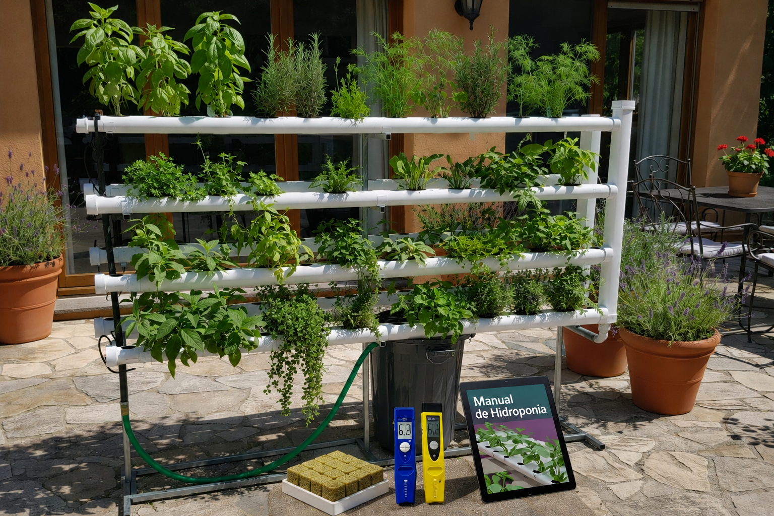 Pack Hydro 160 Vertical Móvel Sistema de cultivo hidropónico com tubos brancos, plantas verdes, medidores digitais, blocos de substrato e tablet com manual em pavimento de pedra exterior