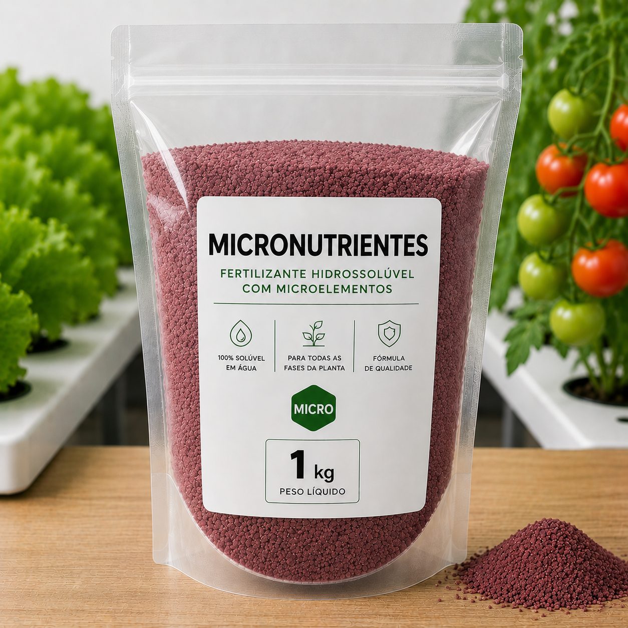 Micronutrientes Quelatados 1kg Saco transparente com fertilizante micromineral vermelho e etiqueta branca sobre mesa em ambiente de cultivo hidropónico