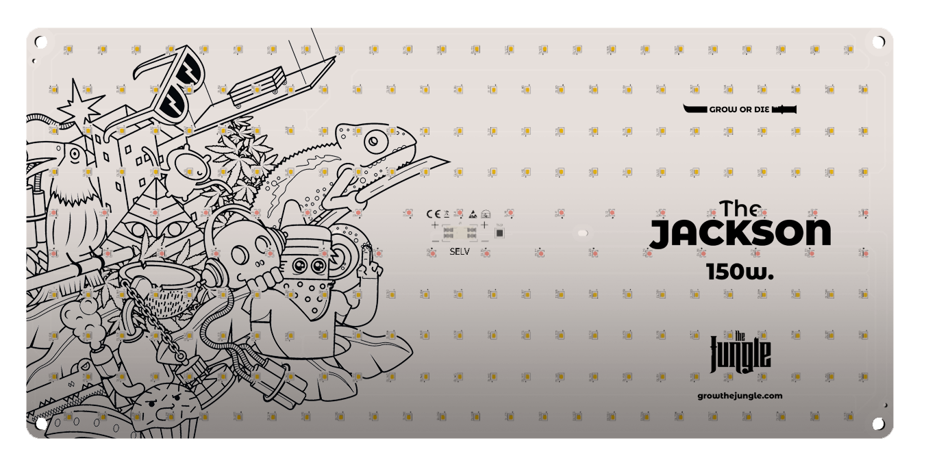The Jackson 150w Tapete para rato branco com personagens a preto e branco e texto The Jackson 150w.