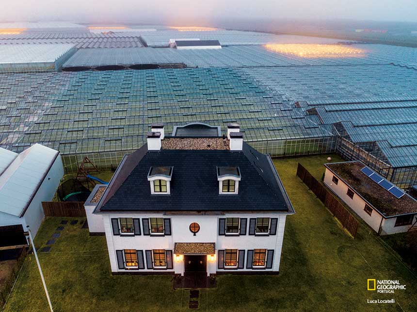 Casa branca em frente a extensas estufas de vidro ao entardecer com logotipo National Geographic