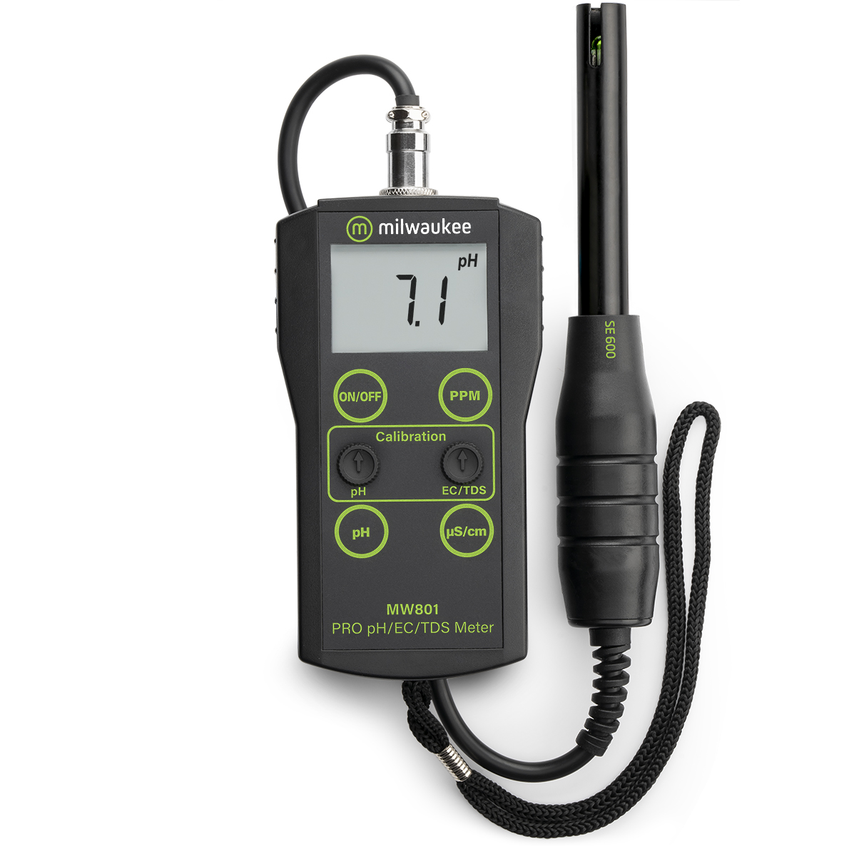 Medidor PH / EC (uS)/TDS - MW801 Medidor digital pH Milwaukee MW801 preto com display mostrando valor 7.1 e botões verdes
