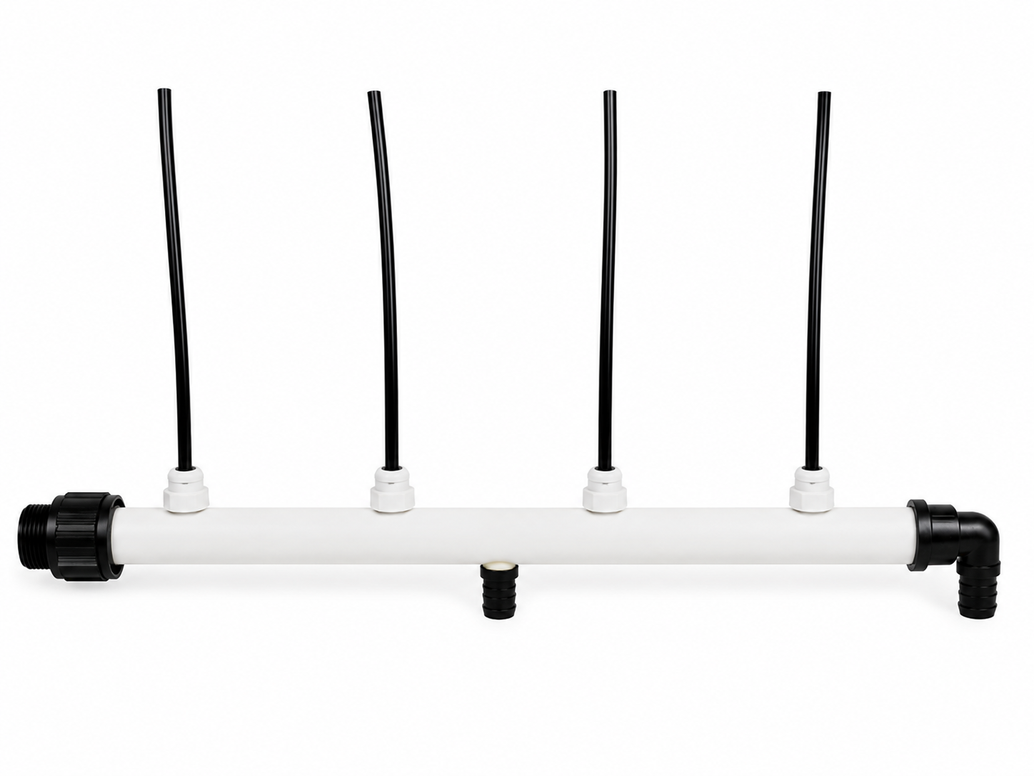 Tubo Injetor Hidropónico Usado - 4 Microtubos Dispositivo de irrigação com tubo branco e conexões pretas em fundo branco