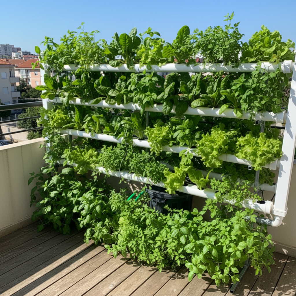 Hydro 160 Vertical Móvel Jardim vertical hidropónico com plantas verdes numa varanda com vista para edifícios urbanos
